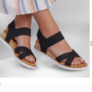 Bobs Skechers Desert Kiss Secret Picnic Sandals Black Leopard Velcro Strap NWT